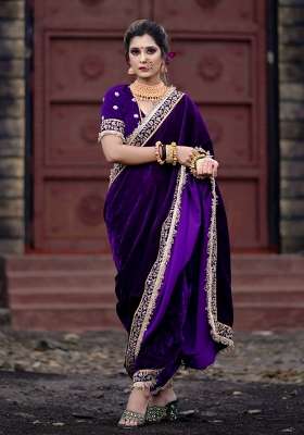 Purple Embroidered Silk Blend Saree Set for Diwali and Festive Wear