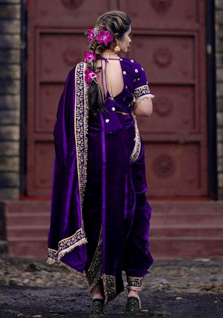 Purple Embroidered Silk Blend Saree Set for Diwali and Festive Wear - Indya