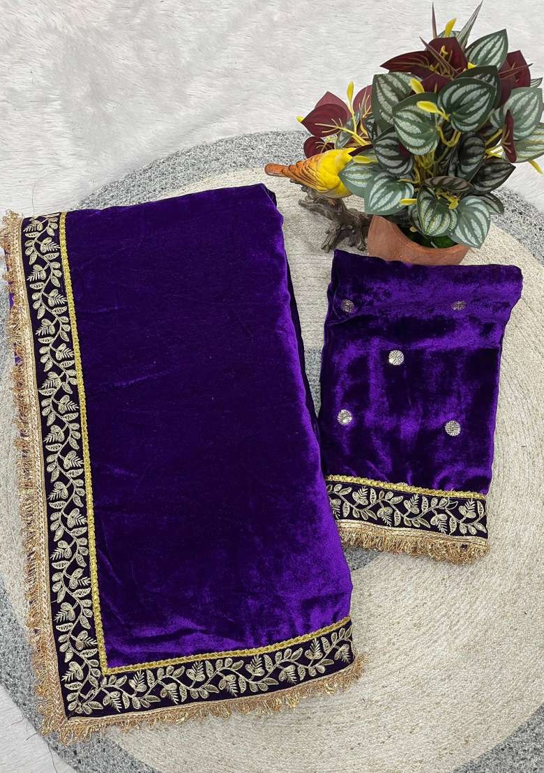 Purple Embroidered Silk Blend Saree Set for Diwali and Festive Wear - Indya
