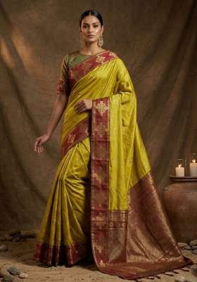 Olive Green Woven Silk Blend Saree Set for Diwali and Festive Wear