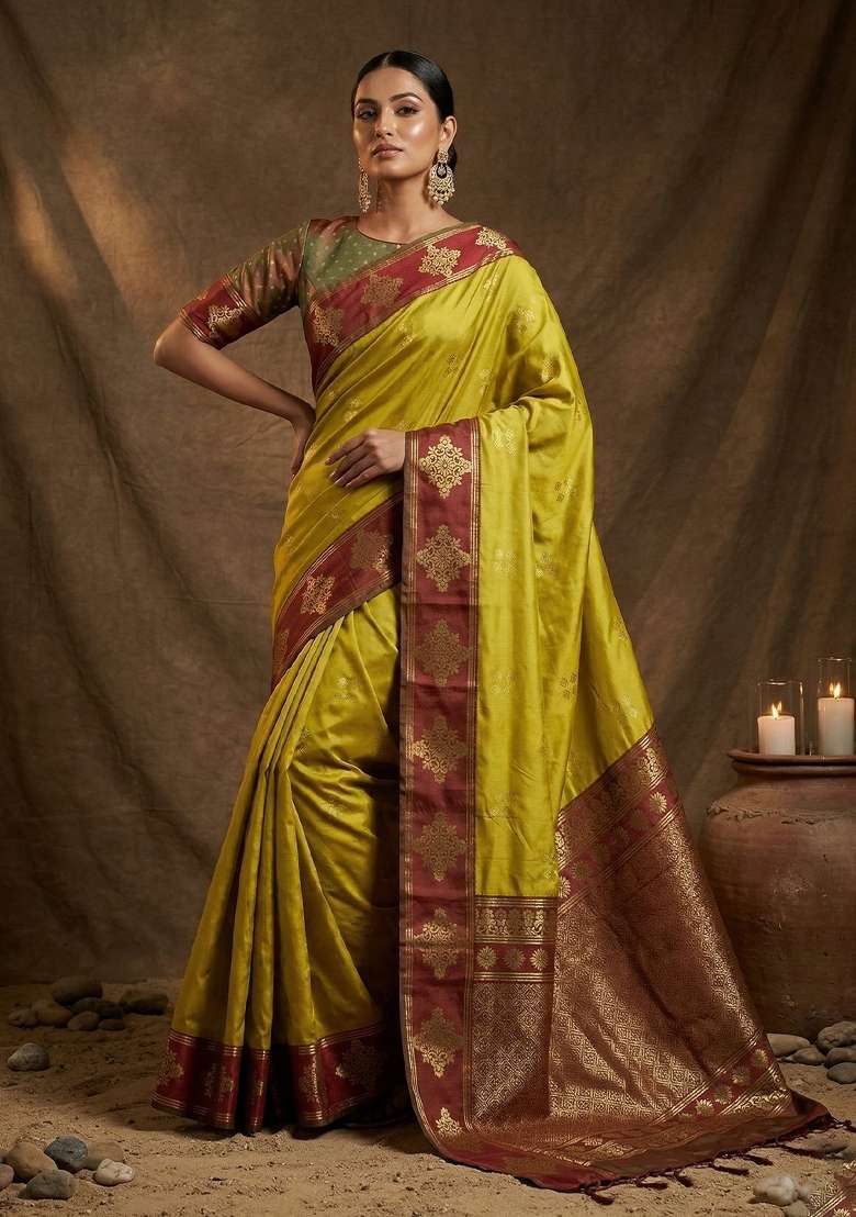 Olive Green Woven Silk Blend Saree Set for Diwali and Festive Wear - Indya