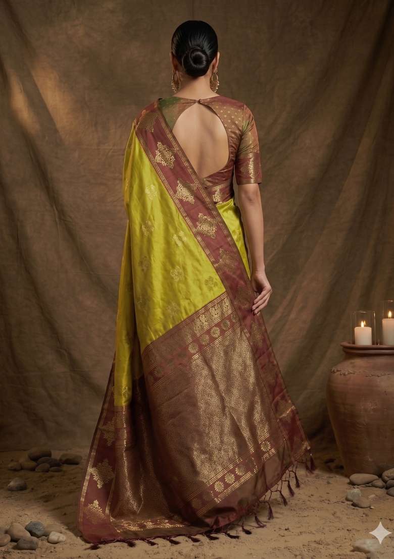 Olive Green Woven Silk Blend Saree Set for Diwali and Festive Wear - Indya
