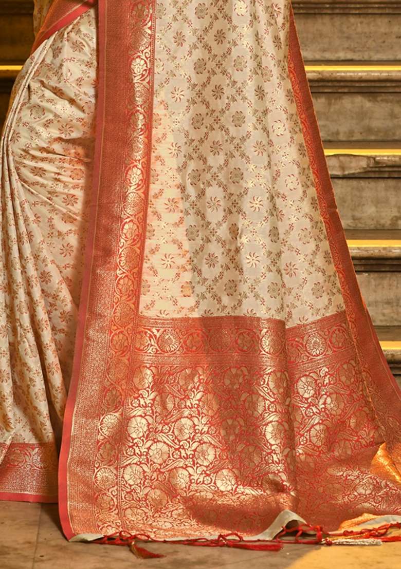 Beige Woven Silk Blend Saree Set for Diwali | Wedding & Festive Wear - Indya