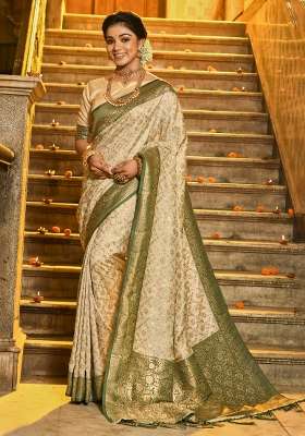 Beige Woven Silk Blend Saree Set for Diwali | Wedding & Festive Wear