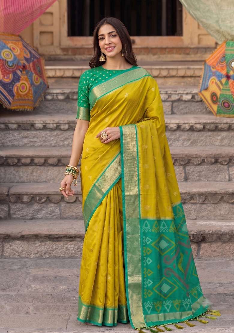 Olive Green Woven Silk Blend Saree Set for Diwali | Wedding & Festive Wear - Indya