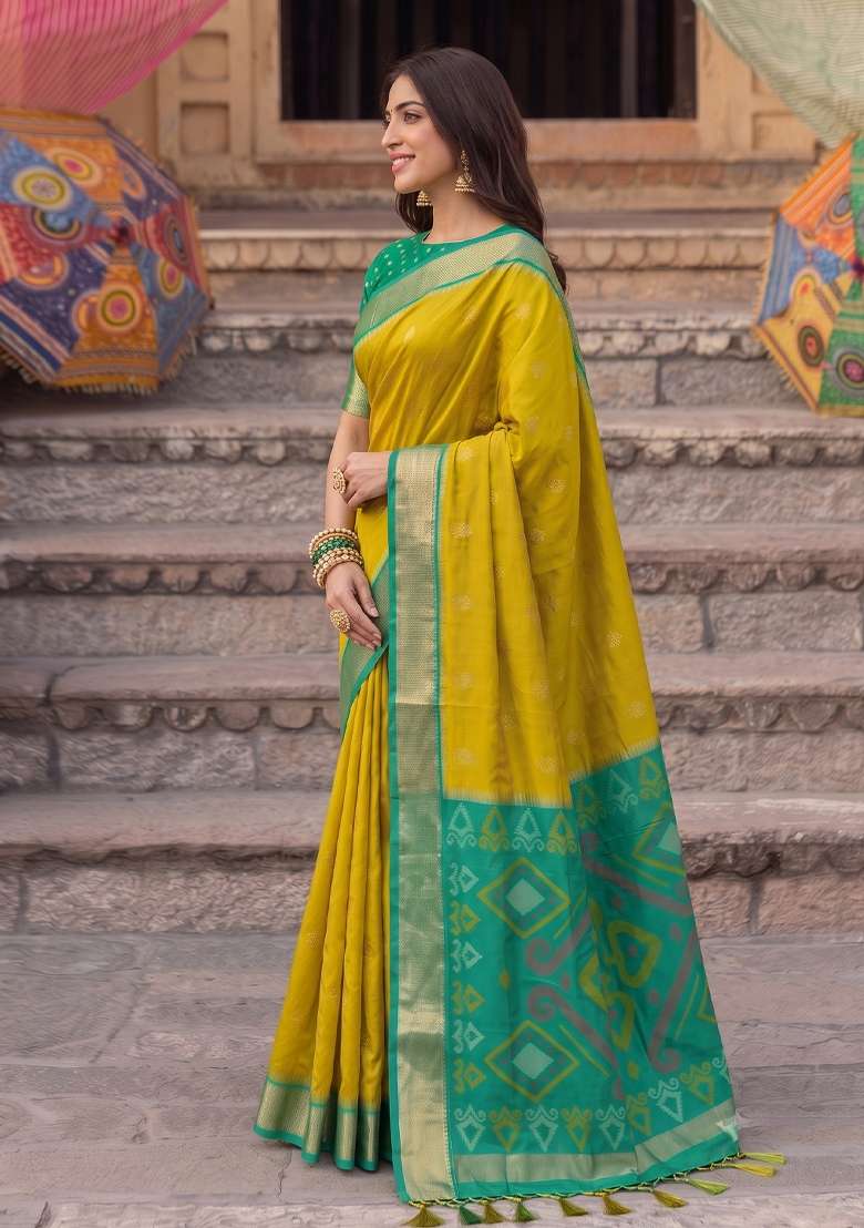Olive Green Woven Silk Blend Saree Set for Diwali | Wedding & Festive Wear - Indya