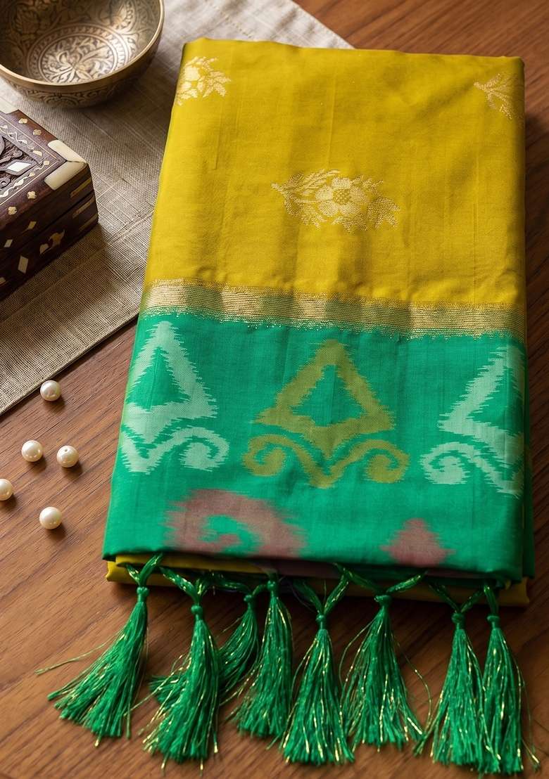 Olive Green Woven Silk Blend Saree Set for Diwali | Wedding & Festive Wear - Indya