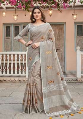 Light Brown Printed Linen Saree Set for Diwali and Festive Wear