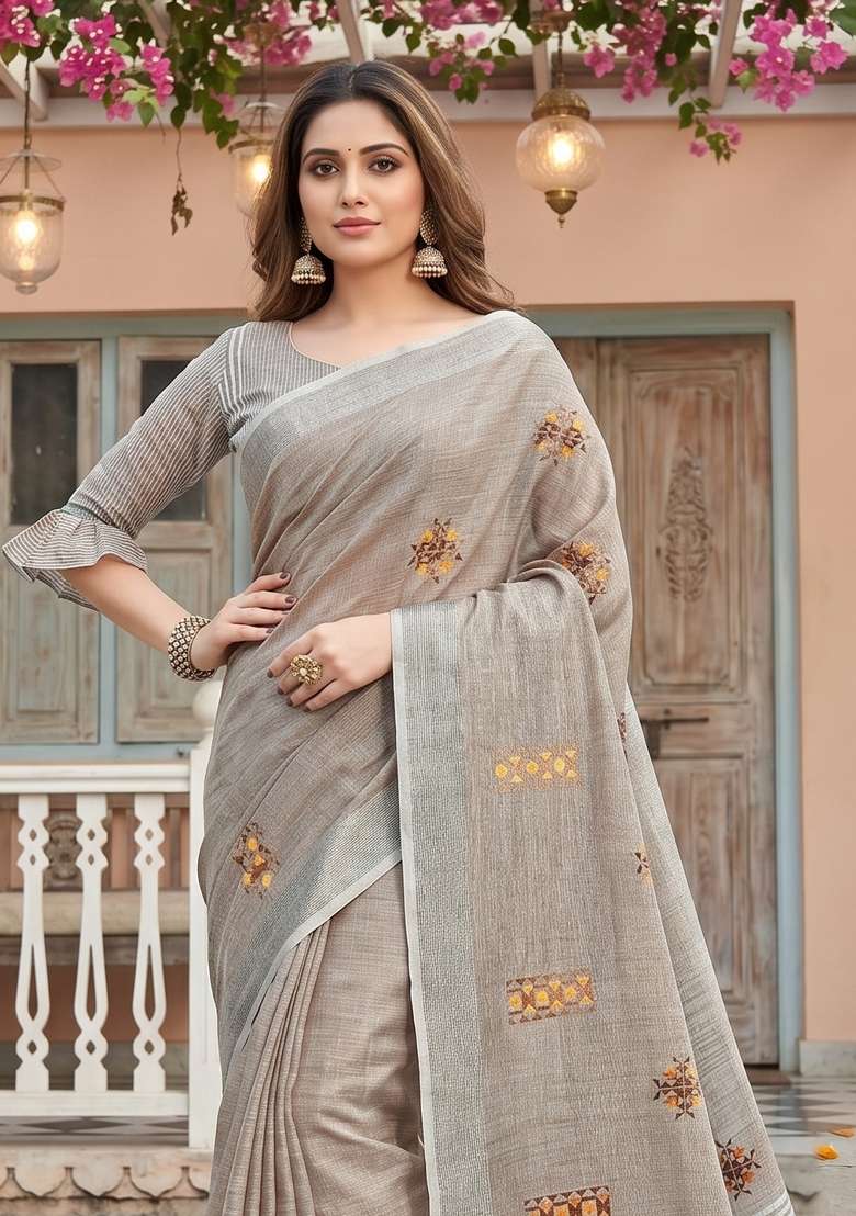Light Brown Printed Linen Saree Set for Diwali and Festive Wear - Indya