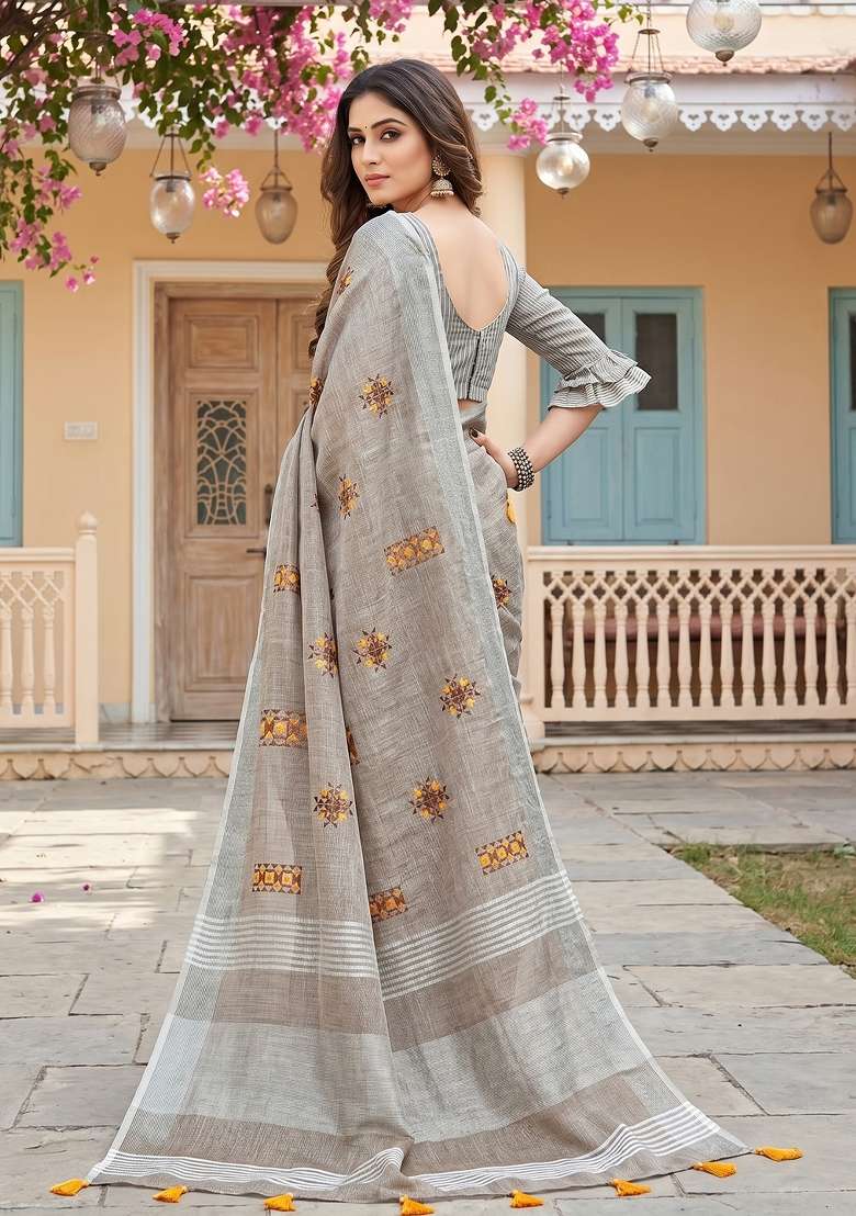 Light Brown Printed Linen Saree Set for Diwali and Festive Wear - Indya