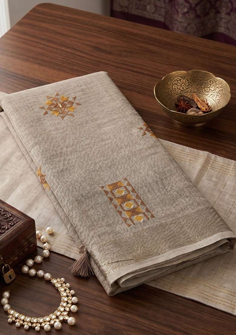 Light Brown Printed Linen Saree Set for Diwali and Festive Wear - Indya