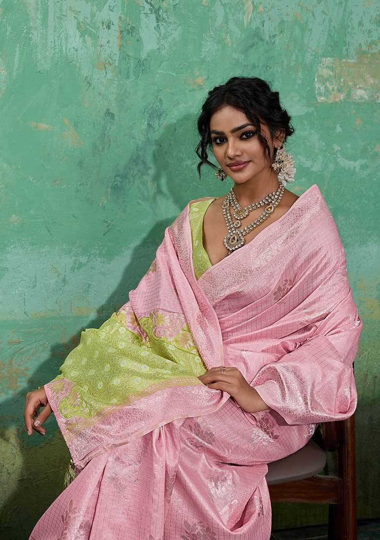 Pink Woven Linen Saree Set for Diwali | Wedding & Festive Wear - Indya
