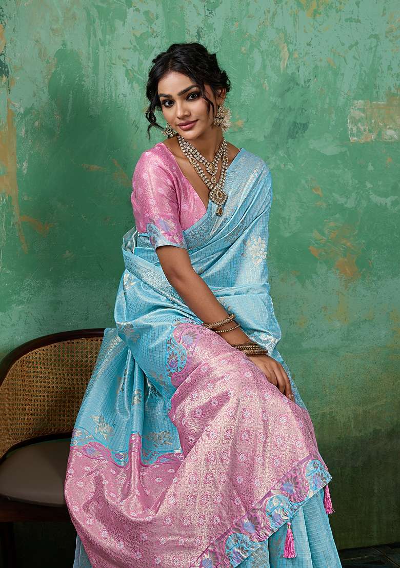Sky Blue Woven Linen Saree Set for Diwali | Wedding & Festive Wear - Indya