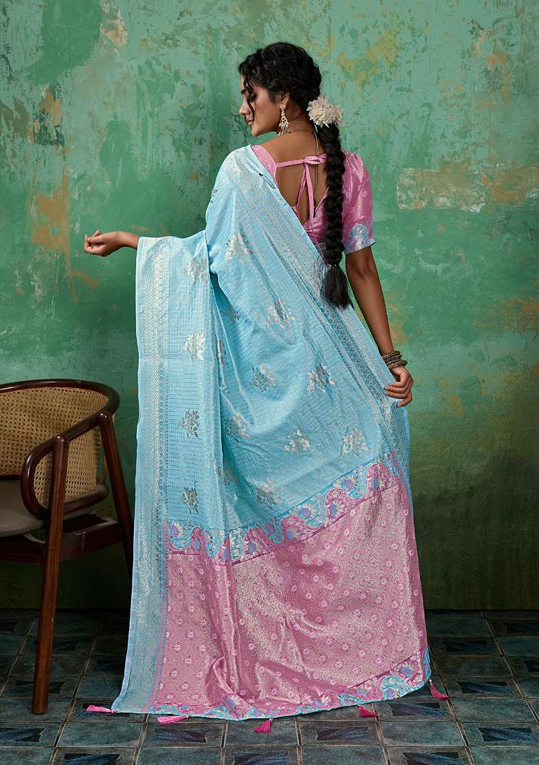 Sky Blue Woven Linen Saree Set for Diwali | Wedding & Festive Wear - Indya