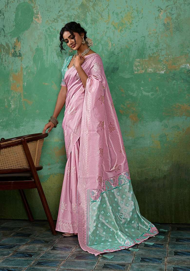 Pink Woven Linen Saree Set for Diwali | Wedding & Festive Wear - Indya