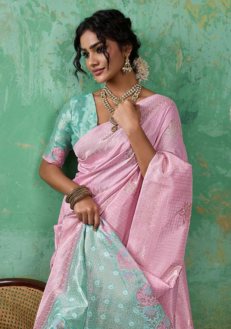 Pink Woven Linen Saree Set for Diwali | Wedding & Festive Wear - Indya