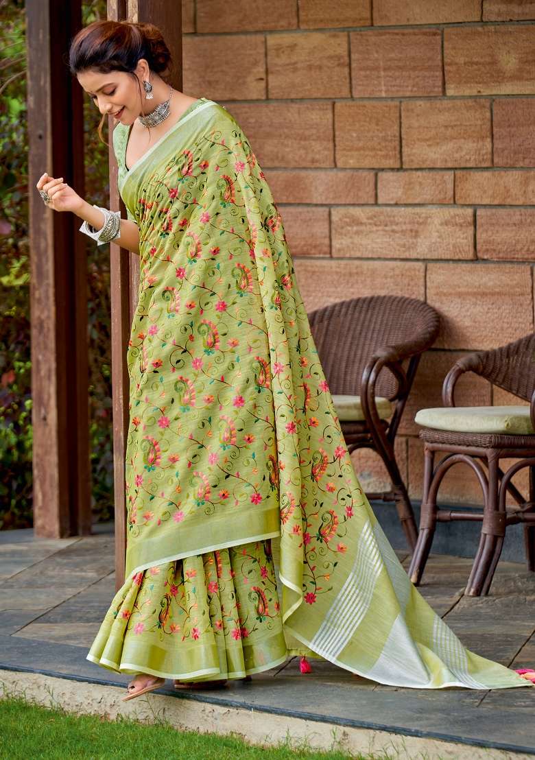 Olive Green Printed Linen Saree Set for Diwali and Festive Wear - Indya