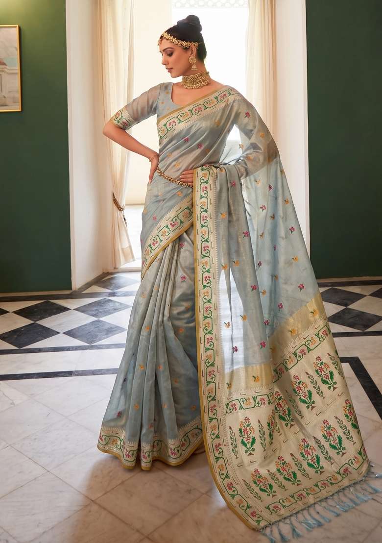 Grey Woven Tissue Saree Set for Diwali and Festive Wear - Indya