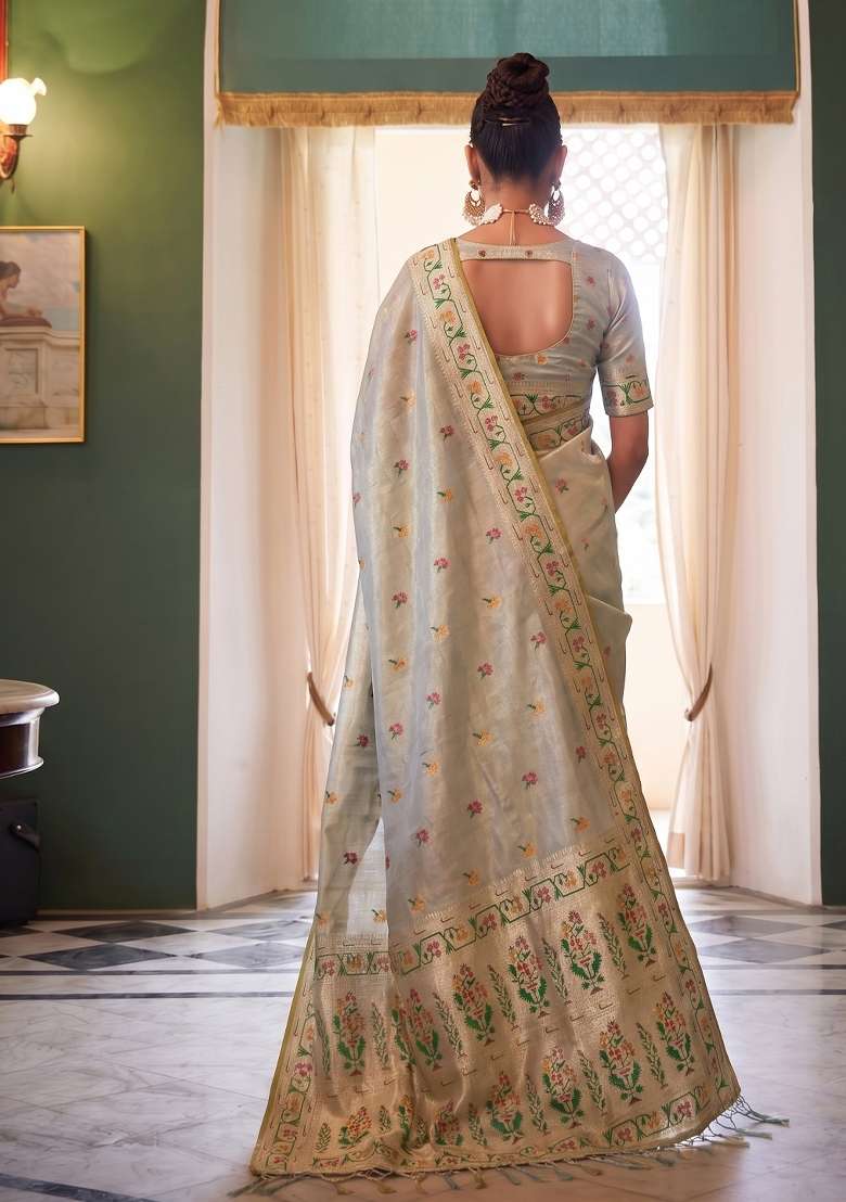 Grey Woven Tissue Saree Set for Diwali and Festive Wear - Indya