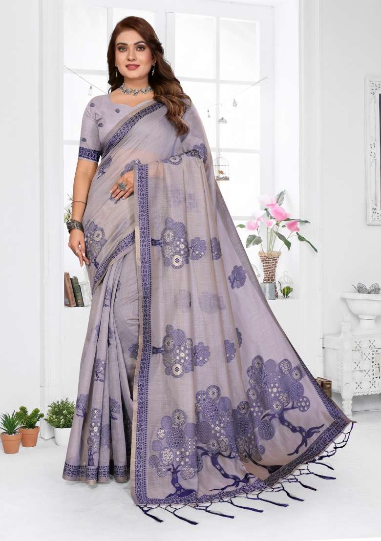 Lavender Woven Cotton Saree Set for Diwali and Festive Wear - Indya