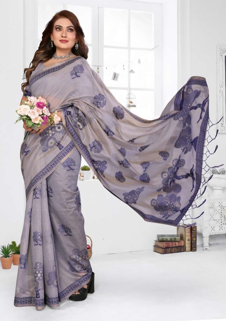 Lavender Woven Cotton Saree Set for Diwali and Festive Wear - Indya