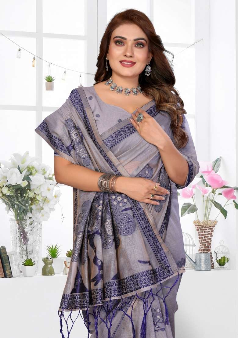 Lavender Woven Cotton Saree Set for Diwali and Festive Wear - Indya