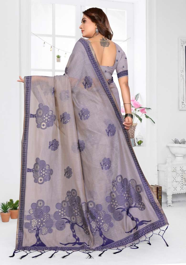 Lavender Woven Cotton Saree Set for Diwali and Festive Wear - Indya
