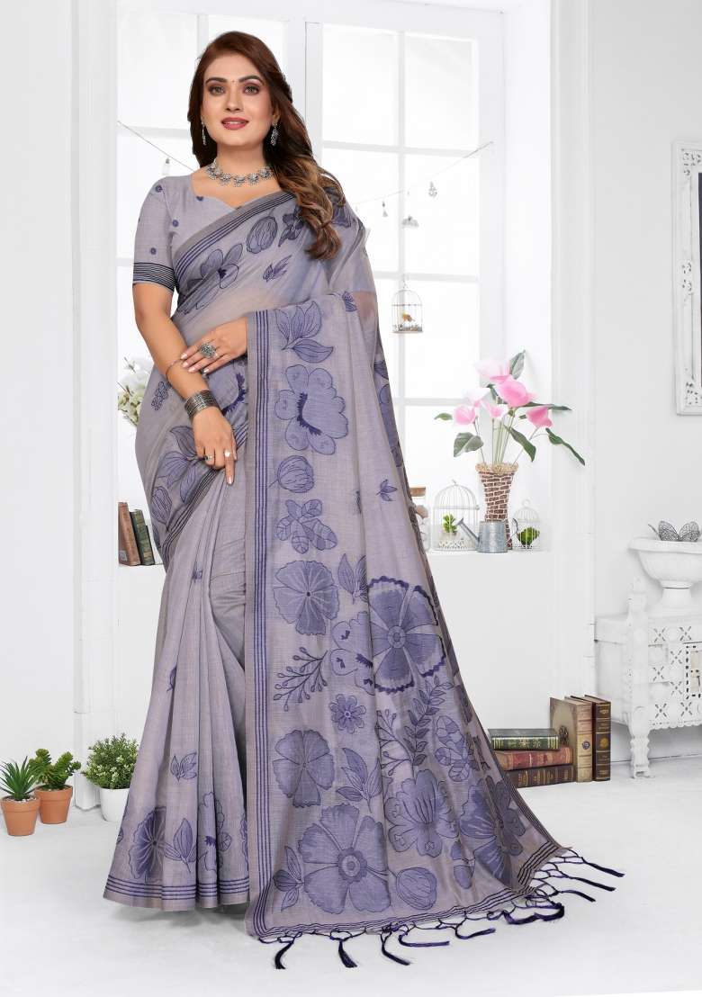 Lavender Woven Cotton Saree Set for Diwali and Festive Wear - Indya