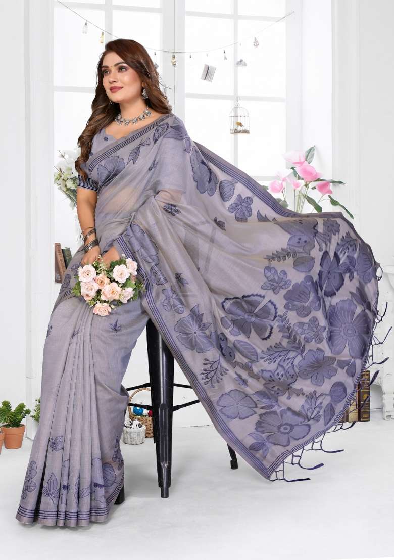 Lavender Woven Cotton Saree Set for Diwali and Festive Wear - Indya