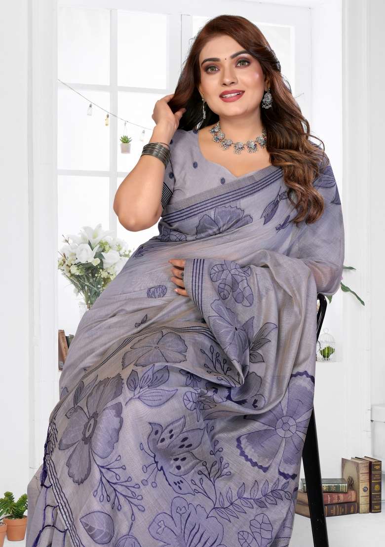 Lavender Woven Cotton Saree Set for Diwali and Festive Wear - Indya