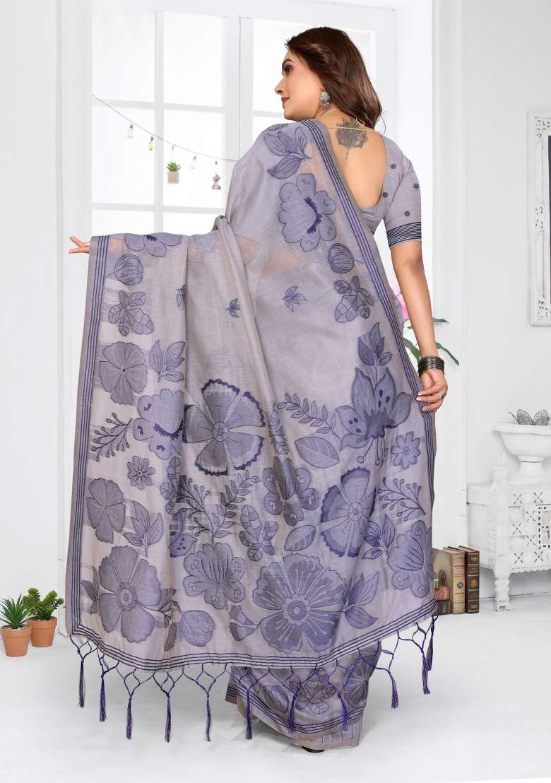 Lavender Woven Cotton Saree Set for Diwali and Festive Wear - Indya
