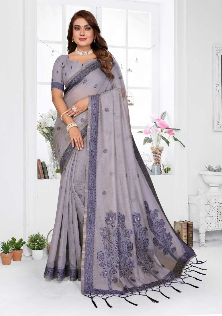 Lavender Woven Cotton Saree Set for Diwali and Festive Wear - Indya
