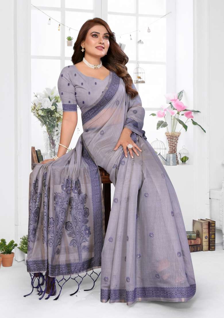 Lavender Woven Cotton Saree Set for Diwali and Festive Wear - Indya
