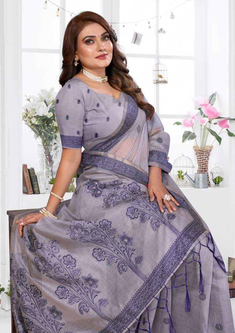 Lavender Woven Cotton Saree Set for Diwali and Festive Wear - Indya