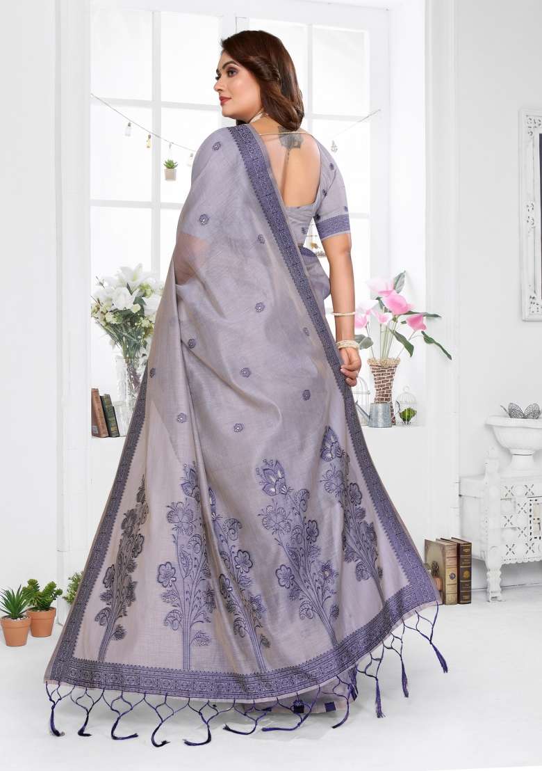 Lavender Woven Cotton Saree Set for Diwali and Festive Wear - Indya
