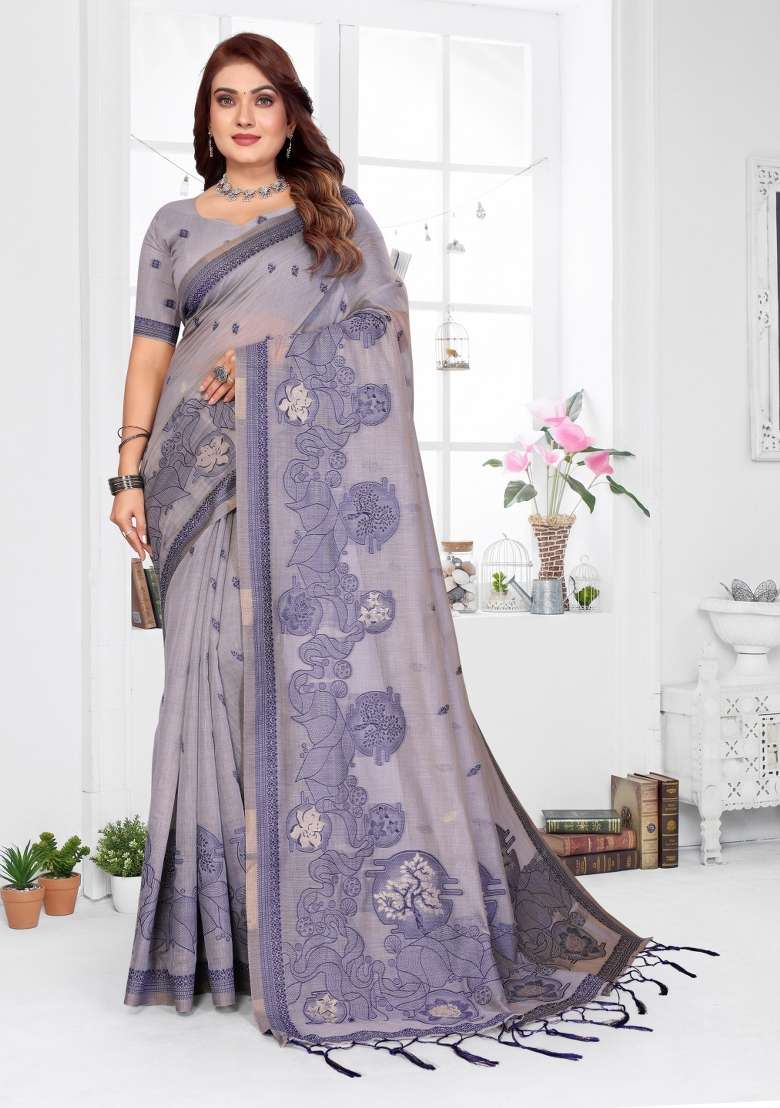 Lavender Woven Cotton Saree Set for Diwali | Wedding & Festive Wear - Indya