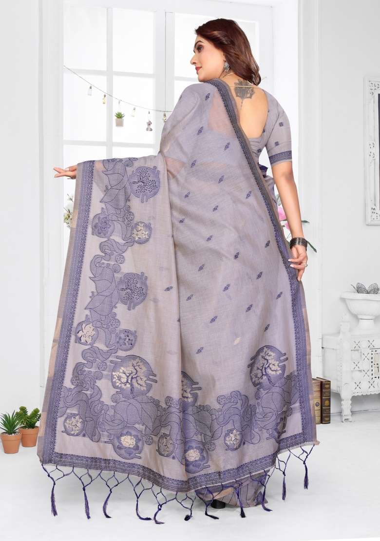 Lavender Woven Cotton Saree Set for Diwali | Wedding & Festive Wear - Indya