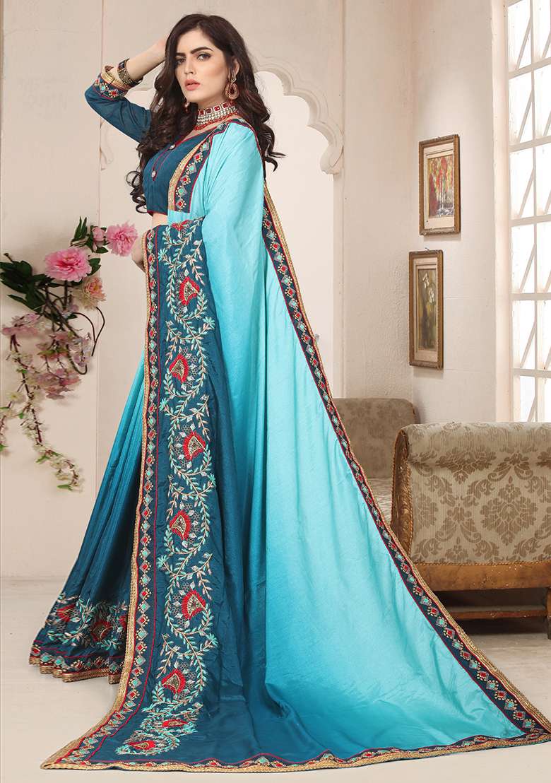 Teal Blue Silk Blend Saree Set with Zari Work for Diwali | Wedding & Festive Wear - Indya