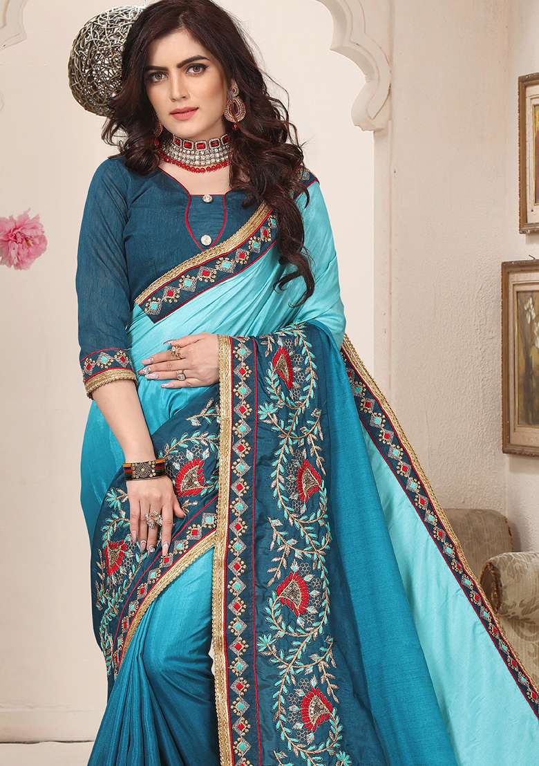 Teal Blue Silk Blend Saree Set with Zari Work for Diwali | Wedding & Festive Wear - Indya