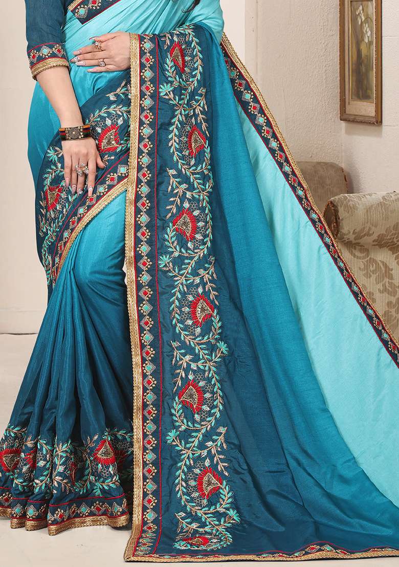 Teal Blue Silk Blend Saree Set with Zari Work for Diwali | Wedding & Festive Wear - Indya