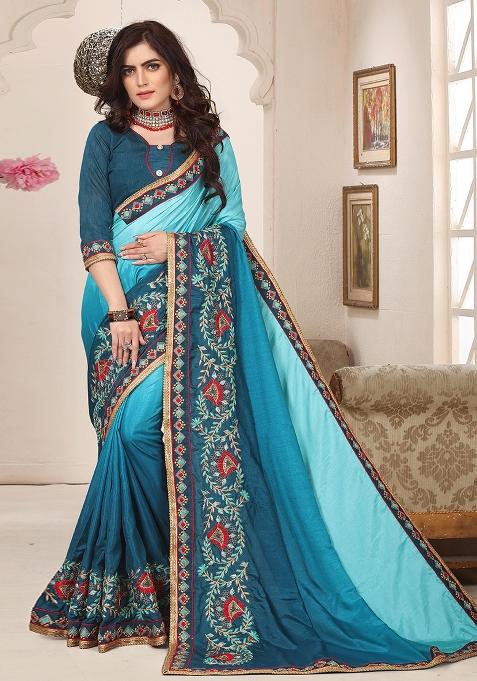 Teal Blue Zari Work Silk Blend Saree Set