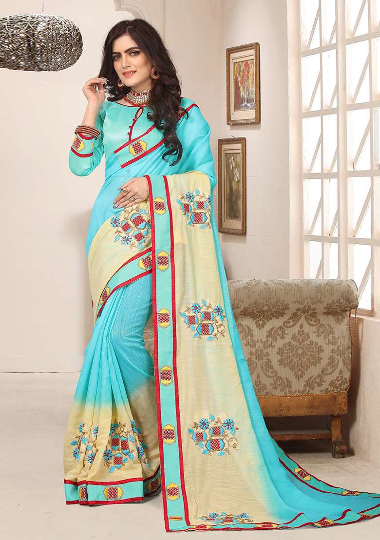 Sky Blue Zari Work Silk Blend Saree Set for Diwali and Festive Wear - Indya
