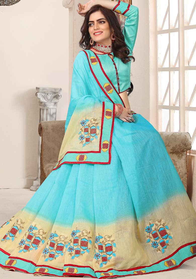 Sky Blue Zari Work Silk Blend Saree Set for Diwali and Festive Wear - Indya