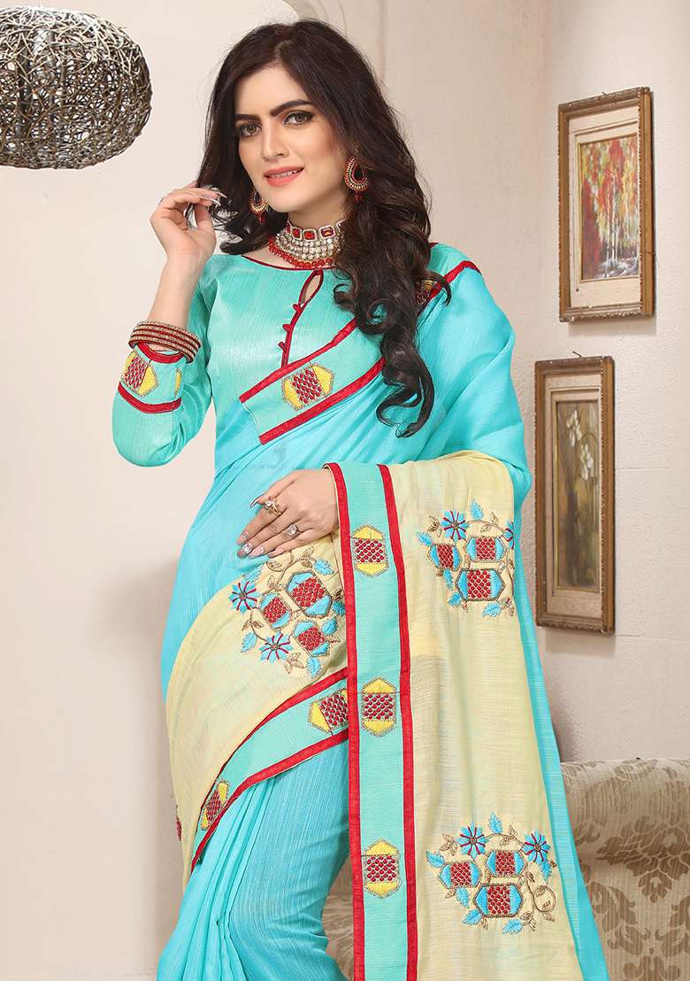Sky Blue Zari Work Silk Blend Saree Set for Diwali and Festive Wear - Indya