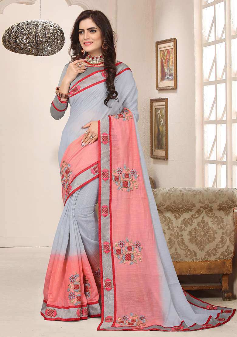 Grey Zari Work Silk Blend Saree Set for Diwali and Festive Wear - Indya