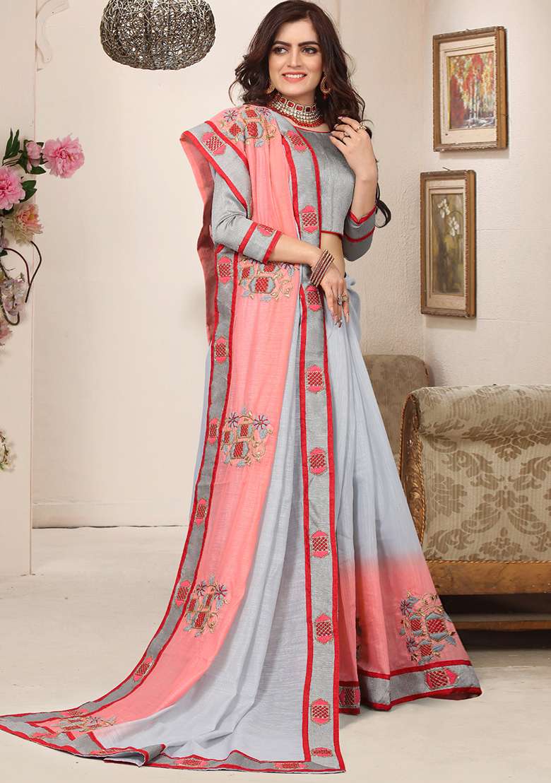Grey Zari Work Silk Blend Saree Set for Diwali and Festive Wear - Indya