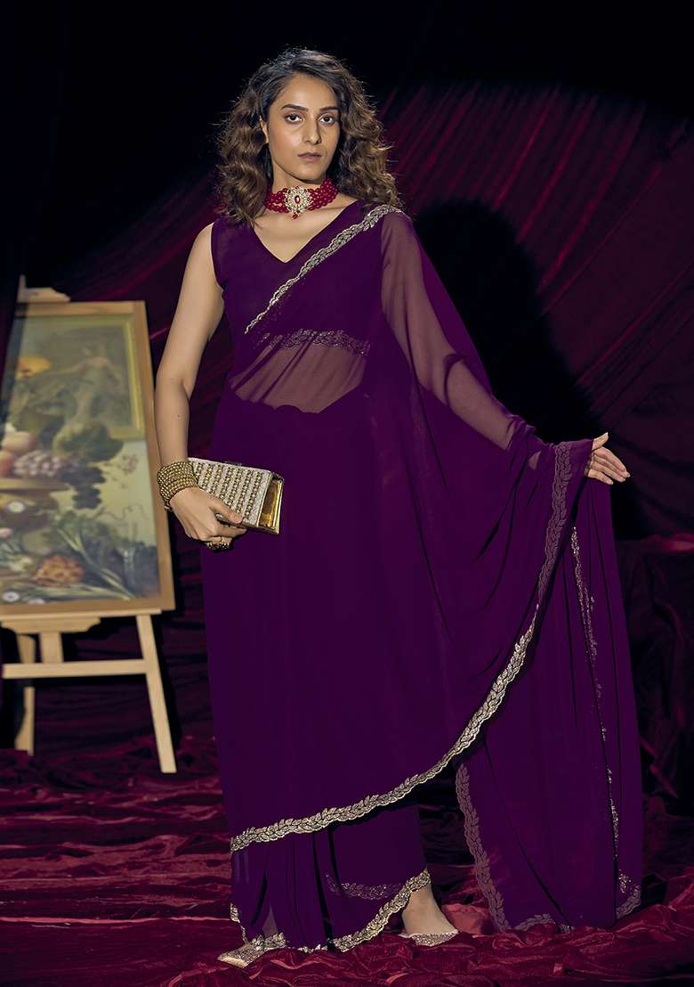 Purple Georgette Saree Set with Embroidery for Diwali | Wedding & Festive Wear - Indya