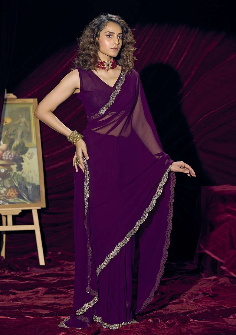 Purple Georgette Saree Set with Embroidery for Diwali | Wedding & Festive Wear - Indya