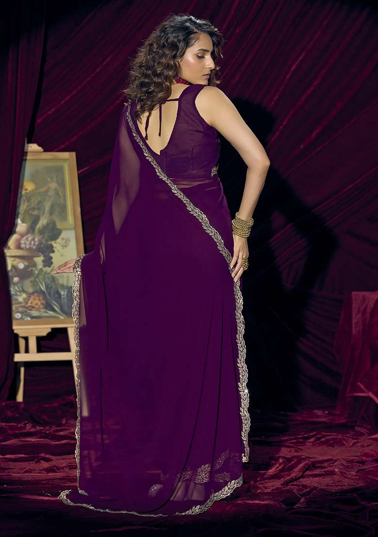 Purple Georgette Saree Set with Embroidery for Diwali | Wedding & Festive Wear - Indya