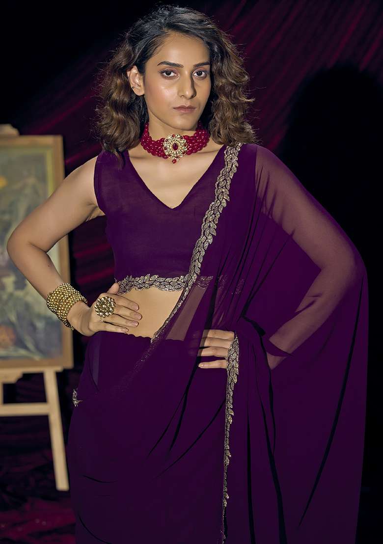 Purple Georgette Saree Set with Embroidery for Diwali | Wedding & Festive Wear - Indya